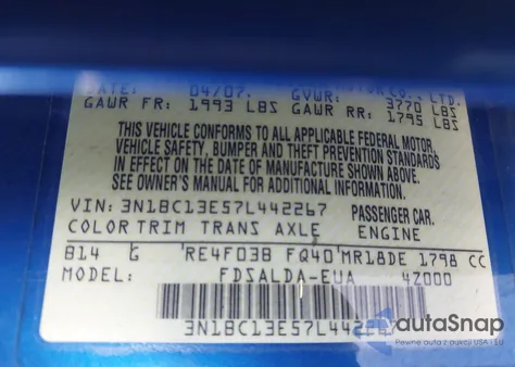 2007 Nissan Versa 1.8S z USA, uszkodzony, nr VIN 3N1BC13E57L442267